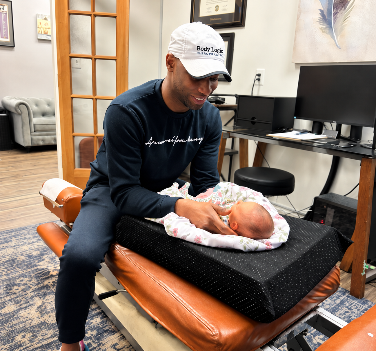 Dr. Hunter holding a newborn patient at Body Logic Chiropractic