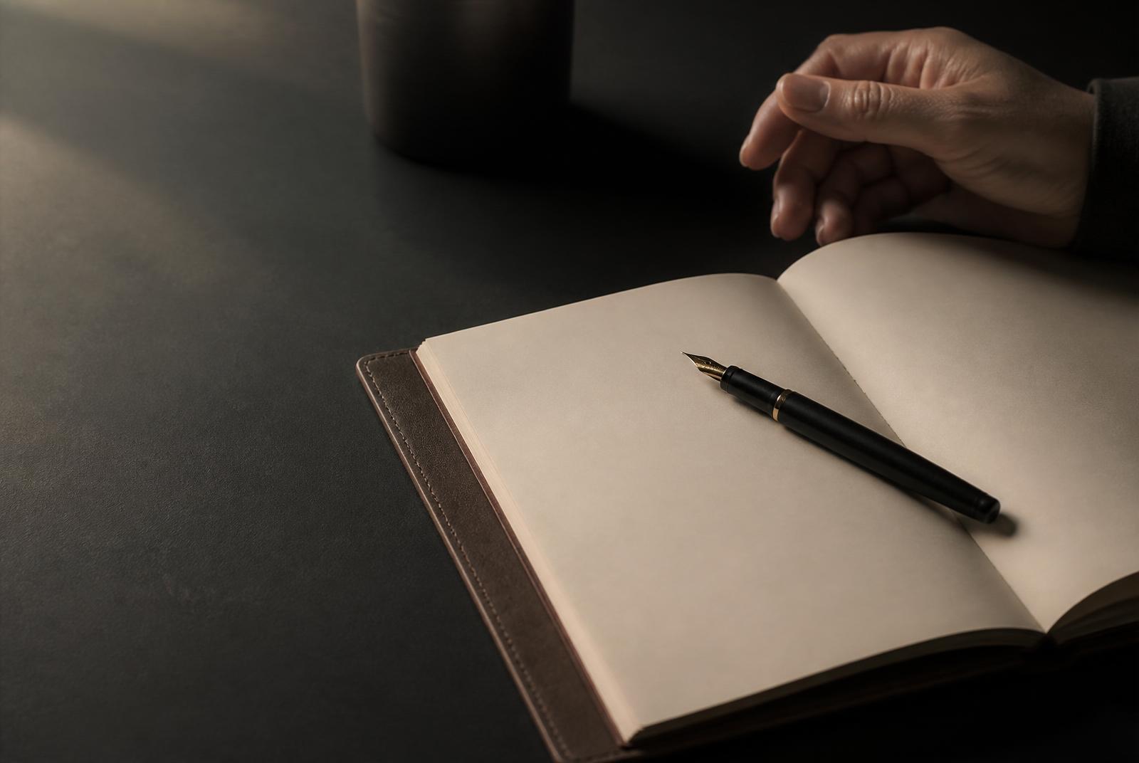 An open leather notebook and pen — the quiet act of listening