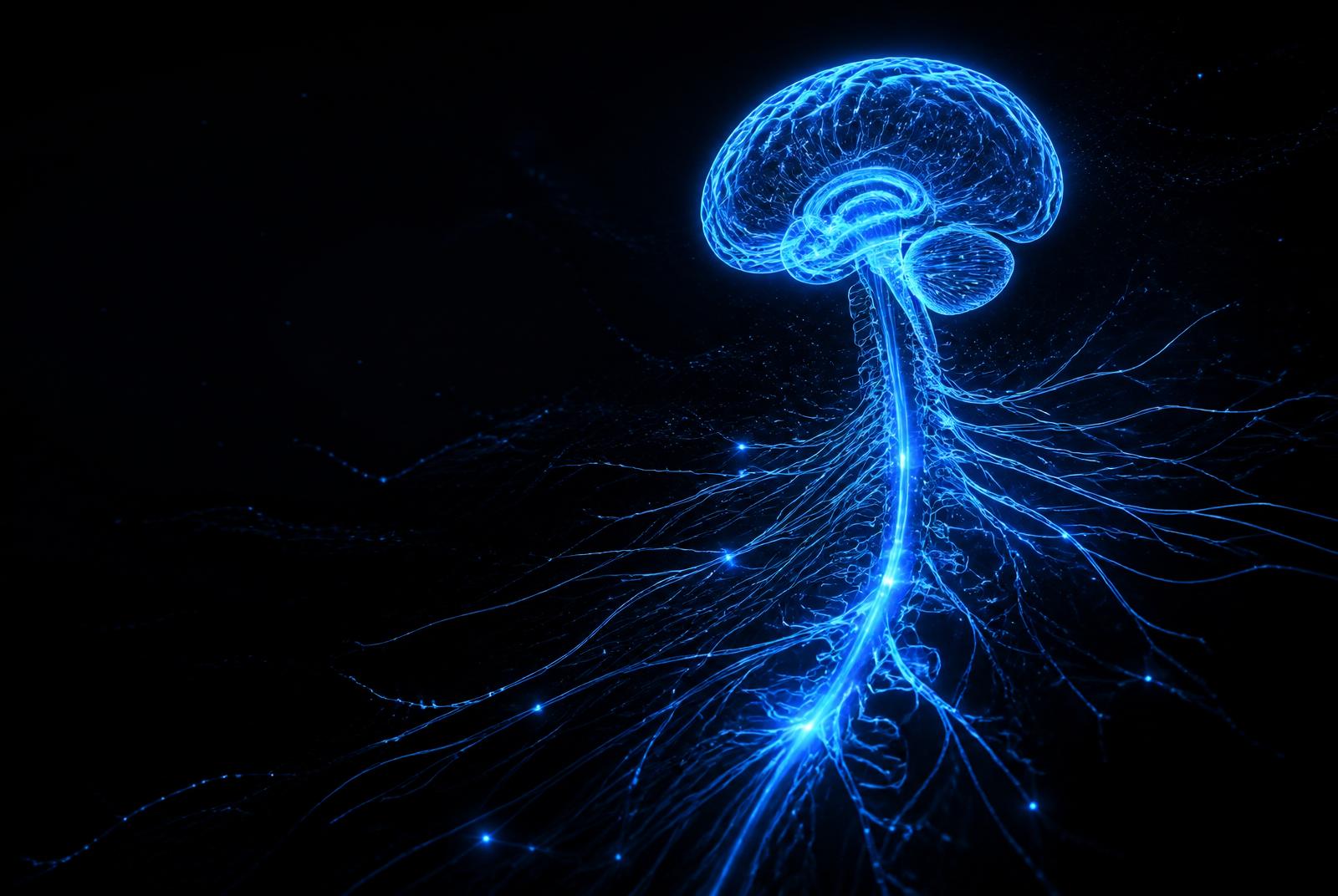 Luminous nervous-system visualization — signals moving through the body