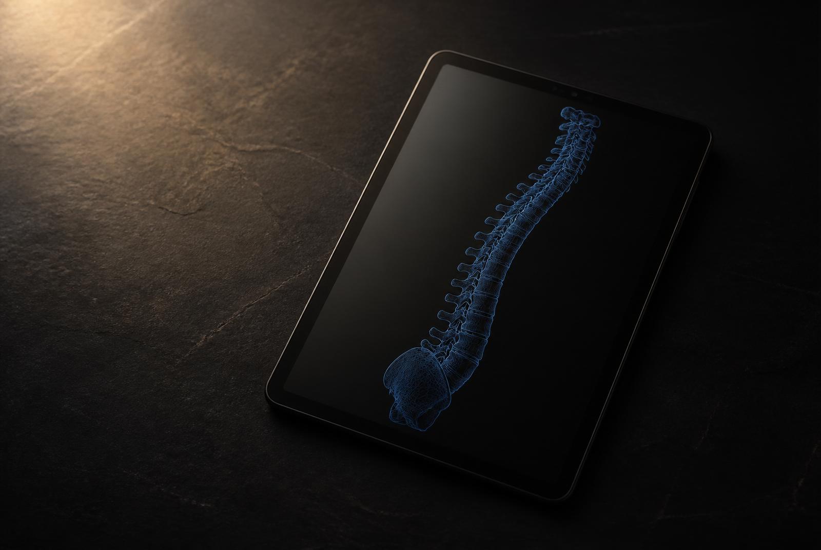 An elegant anatomical spine illustration on a tablet — clinical technology
