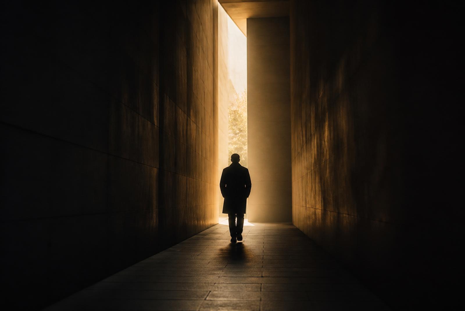 A silhouette walking toward warm light at the end of a corridor — clarity