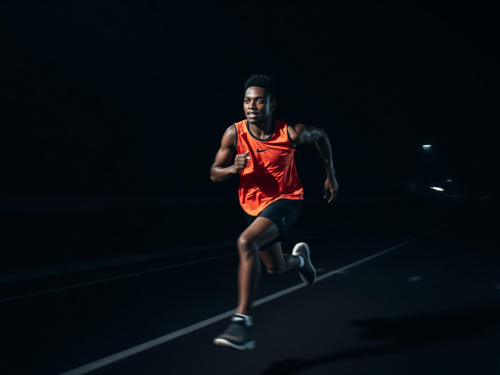 Athlete in dynamic motion under dark studio light