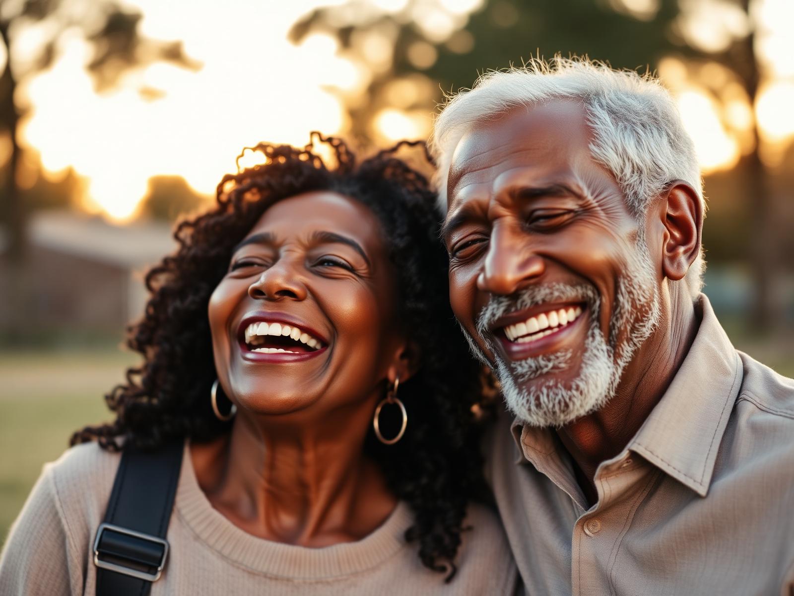 Senior couple laughing together in warm sunset light