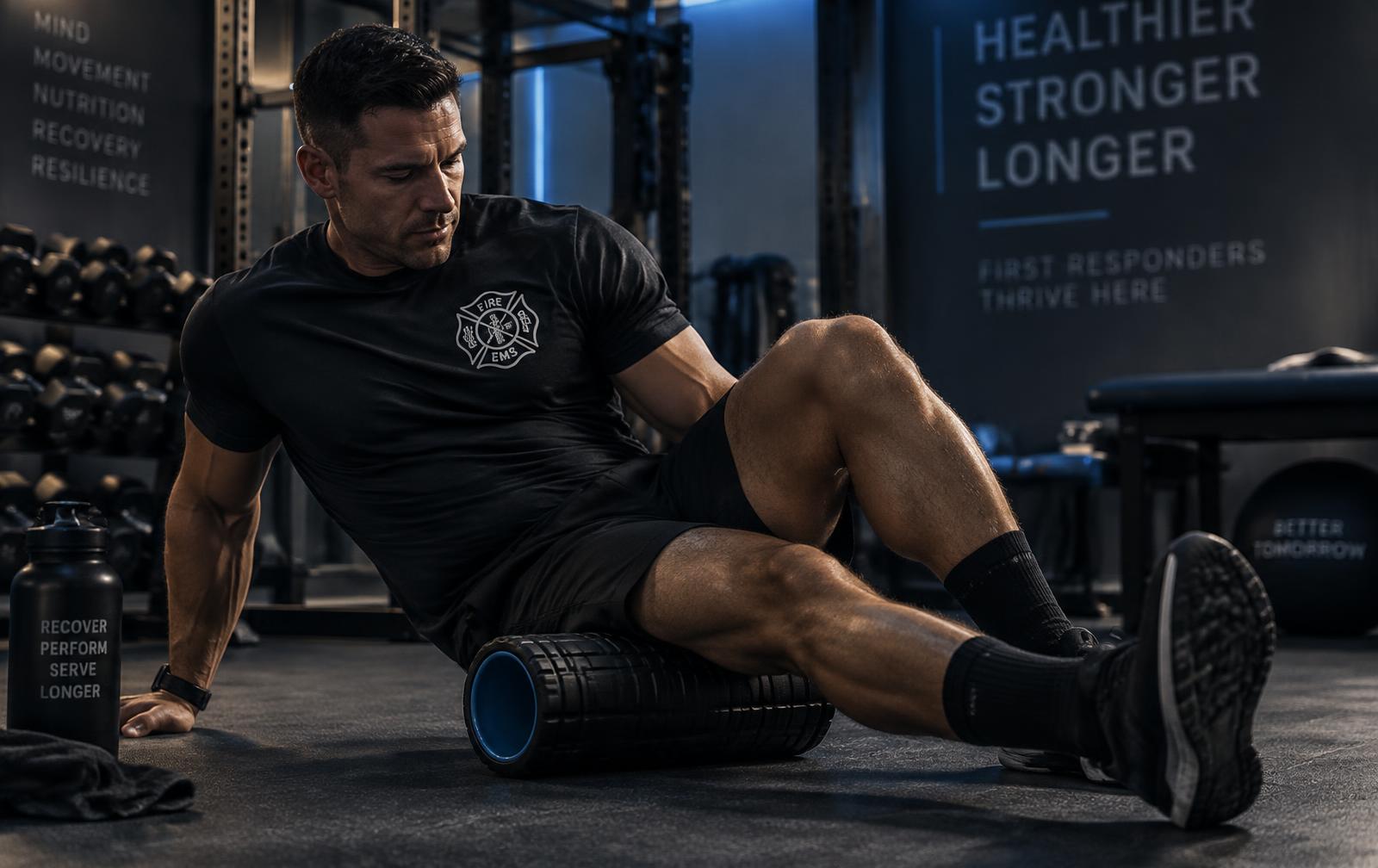 First responder using a foam roller in a modern recovery facility