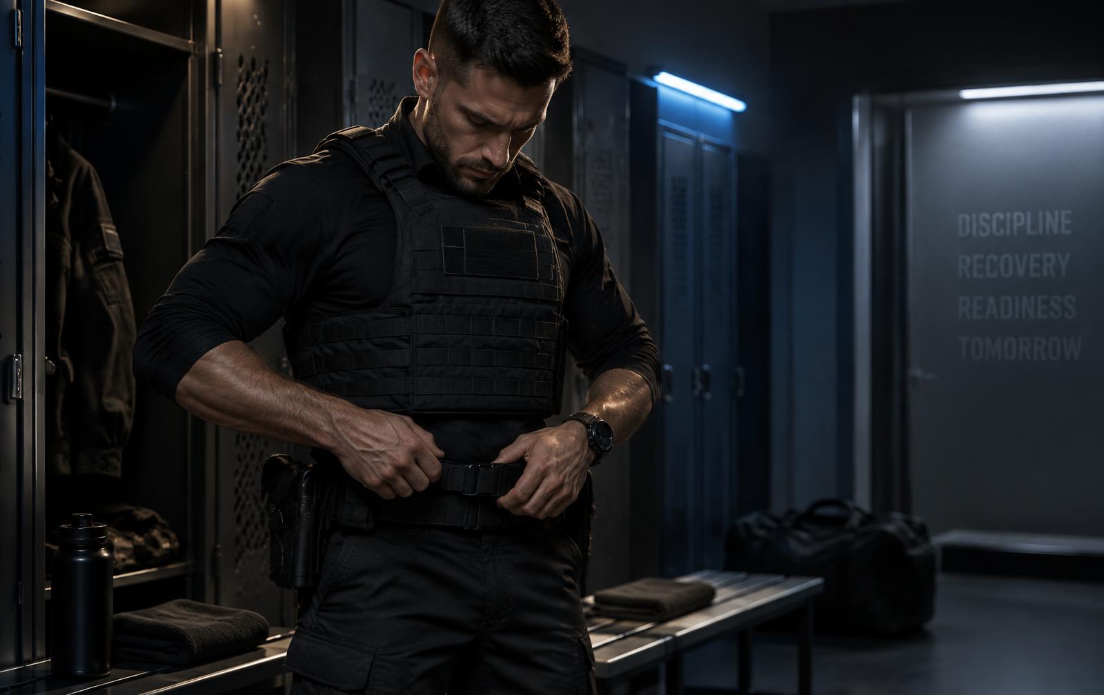 Tactical professional preparing duty equipment in a modern locker room