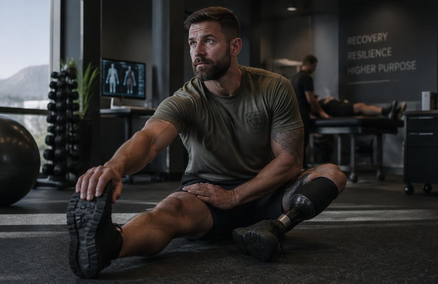 Veteran stretching in a modern recovery space